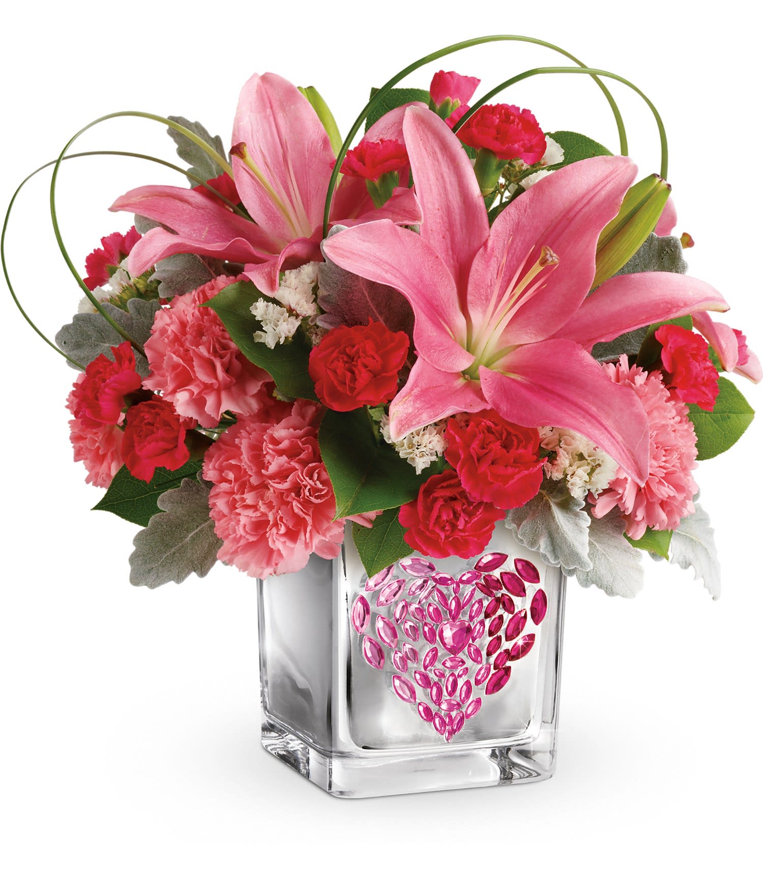 Teleflora's Jeweled Heart Bouquet Teleflora's Jeweled Heart Bouquet - Your love is a gem. This Valentine's Day, tickle their fancy with a perky pink bouquet, presented in a mirrored glass cube with hand-applied, pink ombre jewels!