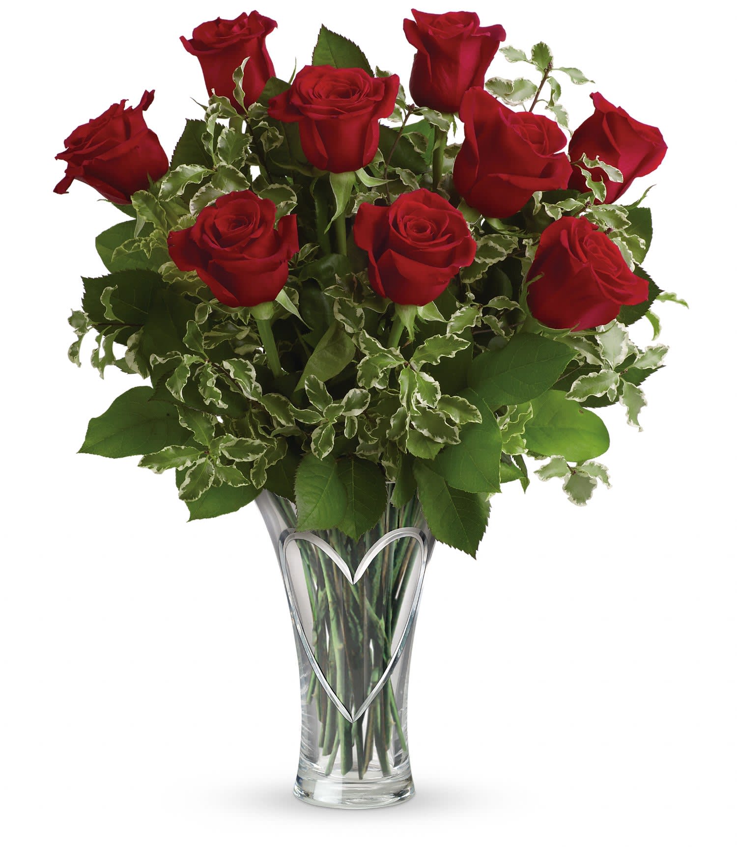 You Have My Heart Bouquet by Teleflora DXYou Have My Heart Bouquet by Teleflora DX - Romance 101! Classic red roses, fresh greens and a fabulous limited-edition, hand-cut keepsake glass vase are the surest way to capture even more of her heart this Valentine's Day. 