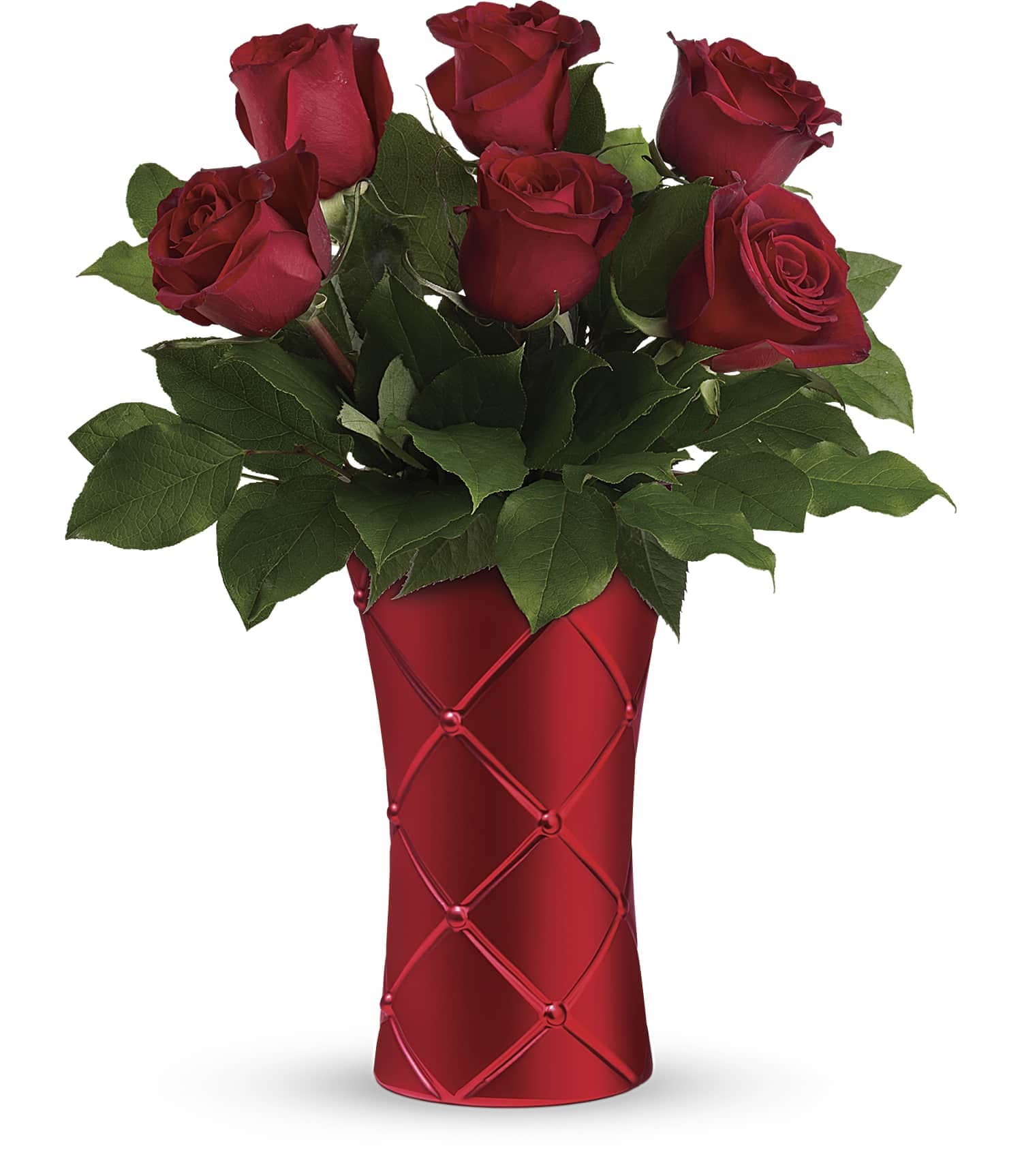 Teleflora's Crimson Luxury Bouquet - Luxurious romance is yours with this classic red rose bouquet, presented to perfection in a stunning, satin-finish ceramic vase with unique quilted texture. 