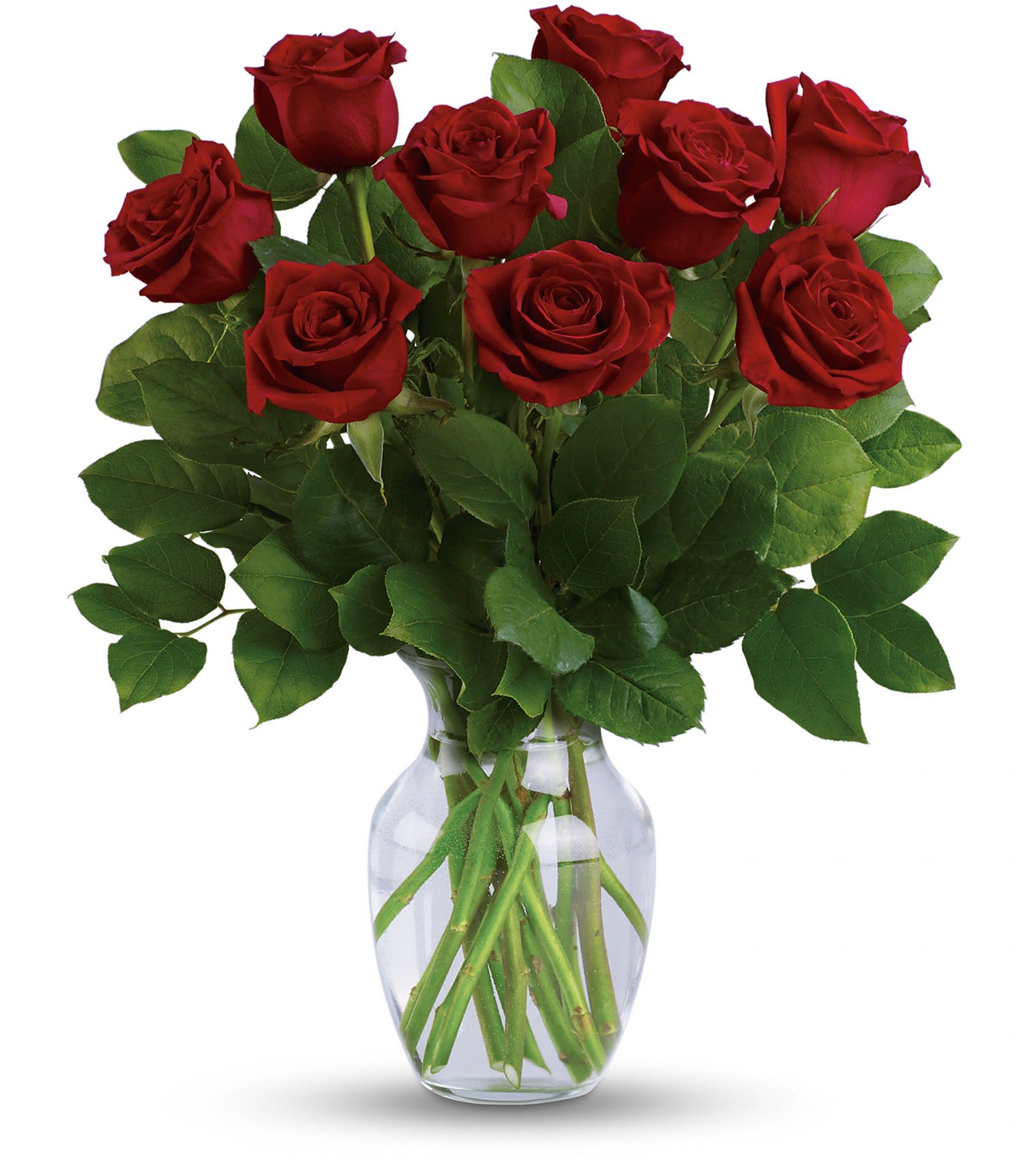 Classic Romance Bouquet - Bring a smile to her lips - and a kiss to yours - with this luxurious bouquet of classic long stemmed roses. It's simply stunning for any romantic occasion in a graceful glass vase with fresh lemon leaf. 