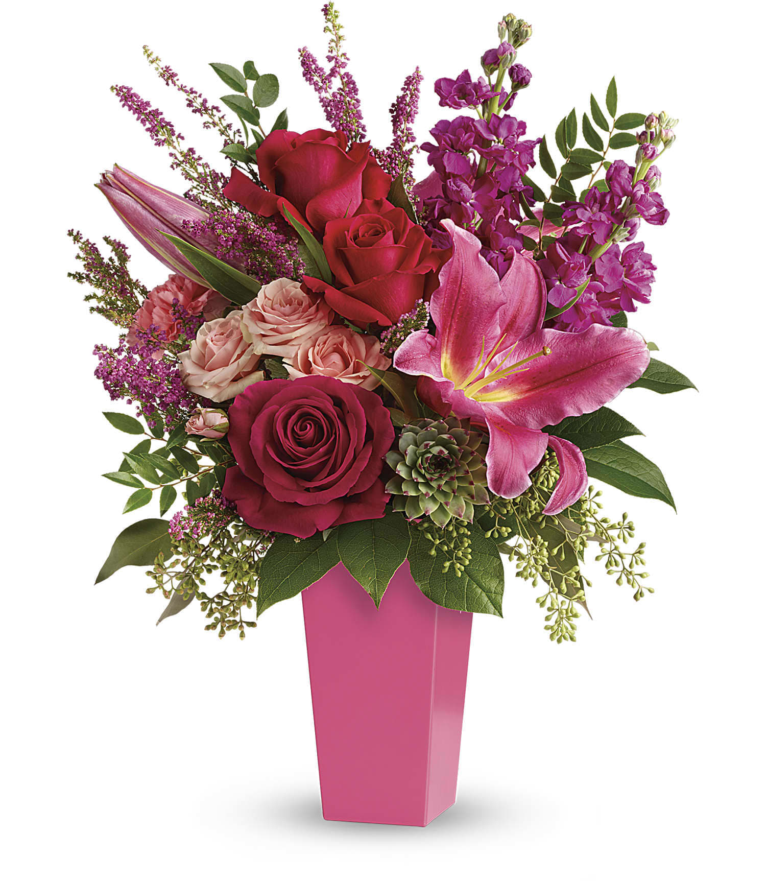 Forever Fuchsia Bouquet - Pretty in pink! A surprise they'll remember forever, this fantasy of fuchsia lilies, roses and carnations is artistically arranged in a sleek contemporary vase. 