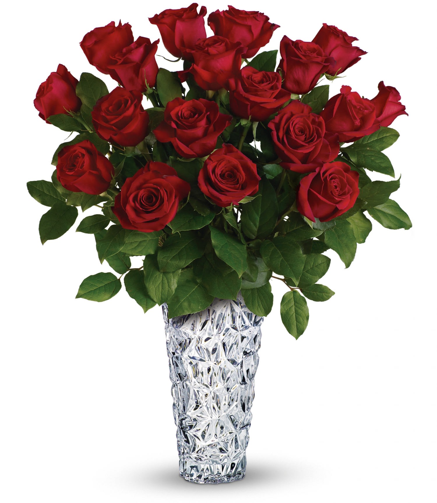 Teleflora's Sparkling Beauty Bouquet DX - Deliver pure passion! This striking bouquet of a dozen and a half, long stem red roses arranged in an exquisite sparkling glass vase is the ultimate gift of love.