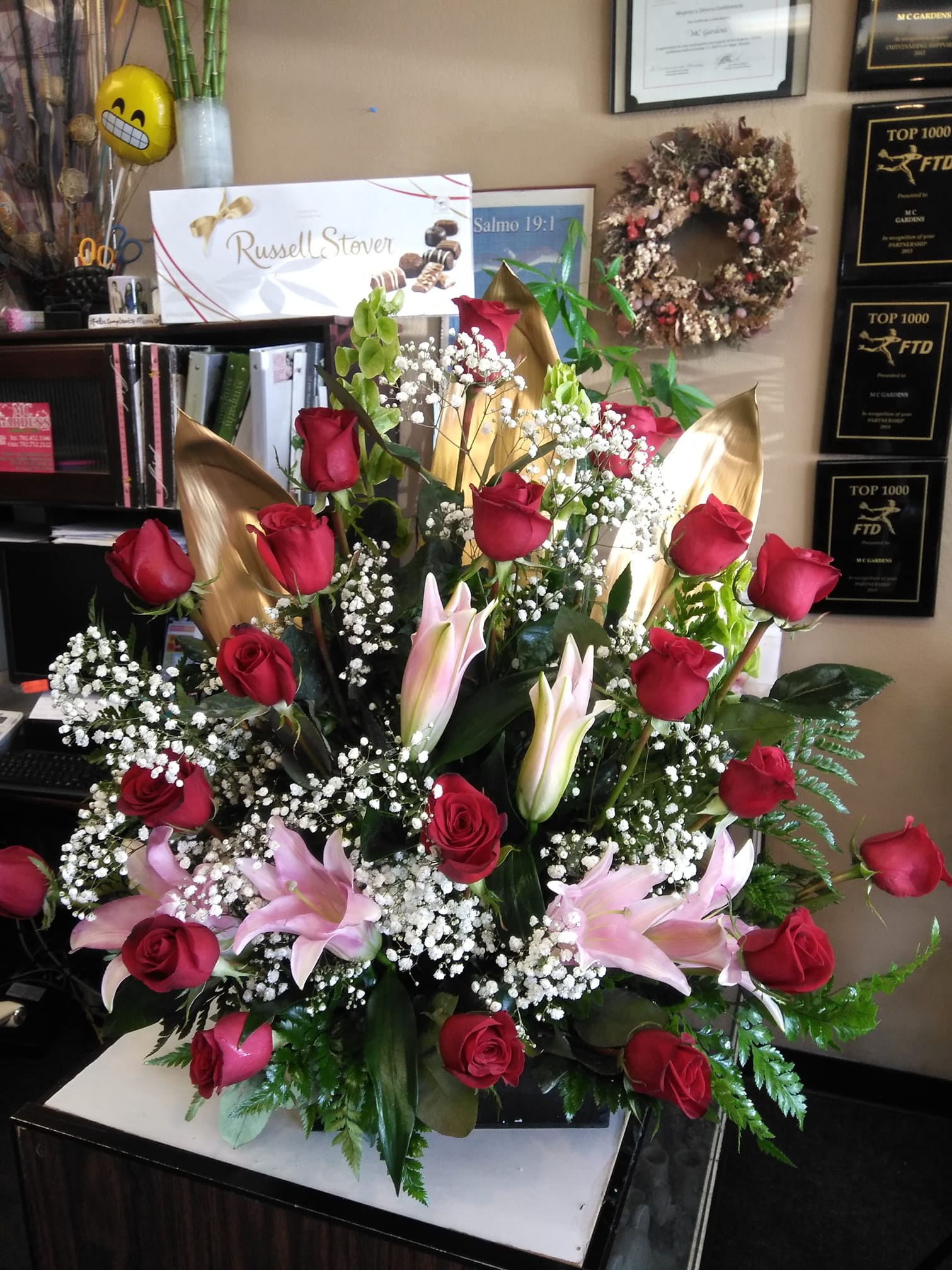 Lovely Basket - Beautiful basket with Red Roses, Pink Lily's Gold Greenery