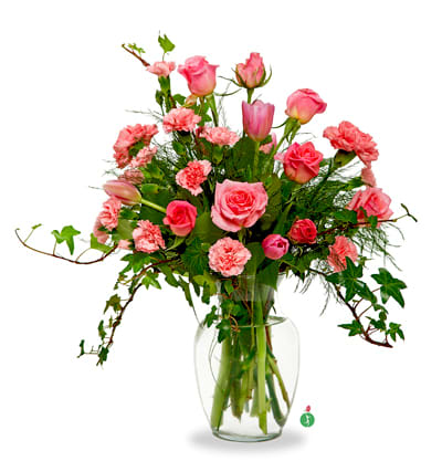 Fairy Tale Pinks - When the Prince finds Cinderella, what will he present her with? He might just choose this precious pink arrangement of roses, tulips and carnations; the perfect choice for a graduation, birthday or anniversary… or for anyone who loves pink!