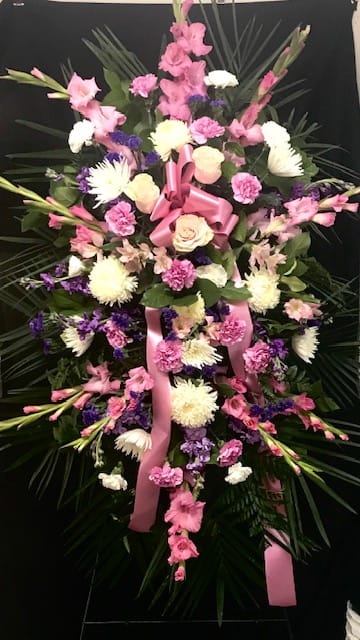 Sweet Dreams Standing Spray - A beautiful standing spray with pinks, whites, purples, and lavenders. Can also be paired with the Sweet Dreams Casket Spray, Sweet Dreams Wicker Basket, and Sweet Dreams Corner Casket Piece