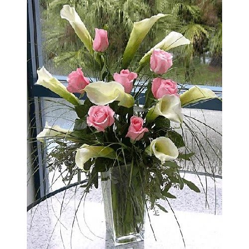 Pink and White Elegance Pink and White Elegance - Pink Roses and White Calla Lilies