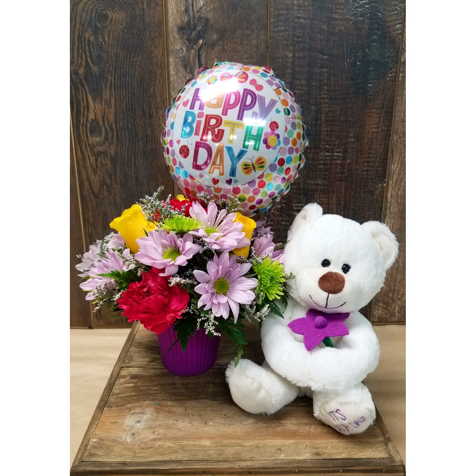 happy birthday teddy bear and flowers