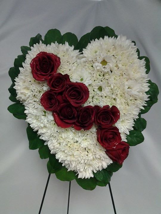 Broken Heart  - Standing  easel with red roses and white mums. 