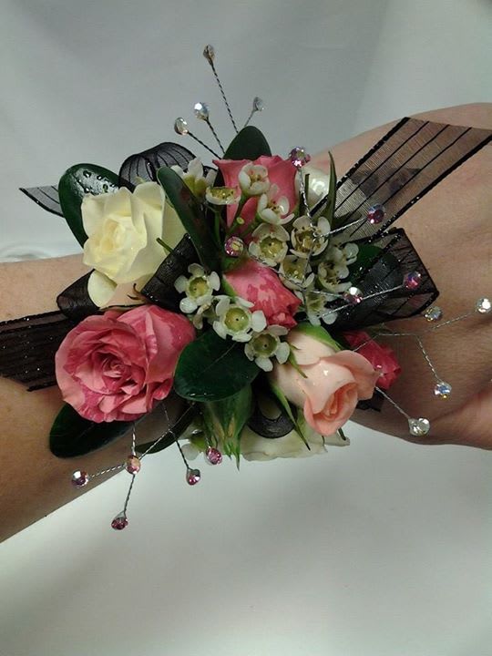 Spray Rose wrist corsage - Pink &amp; white spray roses with wax flower along with ribbon and bling.