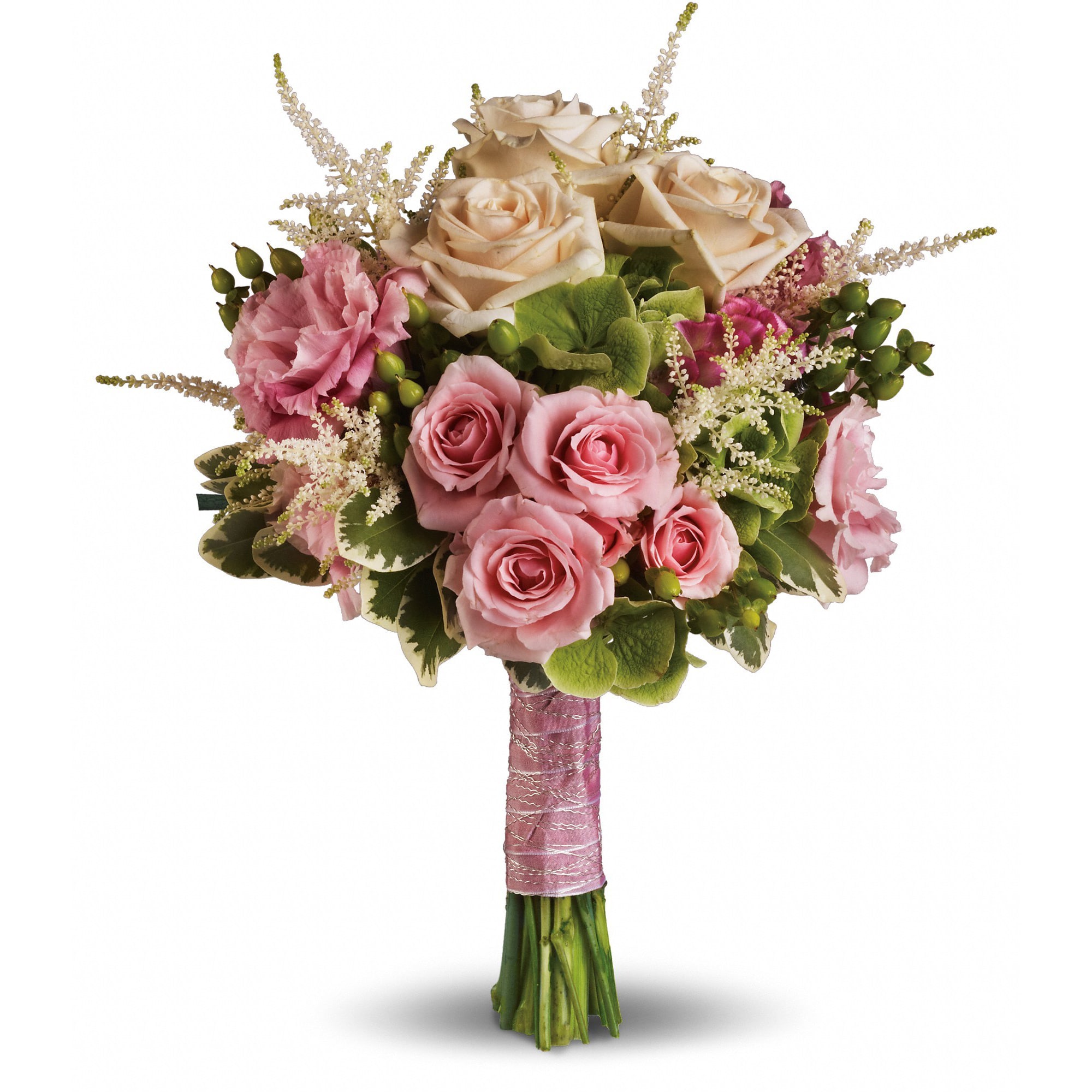 Rose Meadow Bouquet Rose Meadow Bouquet - Like a romantic walk through a meadow of roses, this heartwarming bouquet pairs soft pink with fresh green. A lovely ensemble of pink roses, white astilbe, green hypericum and hydrangea with variegated pittosporum. Approximately 11" W x 14" H Orientation: N/A As Shown : T191-1A