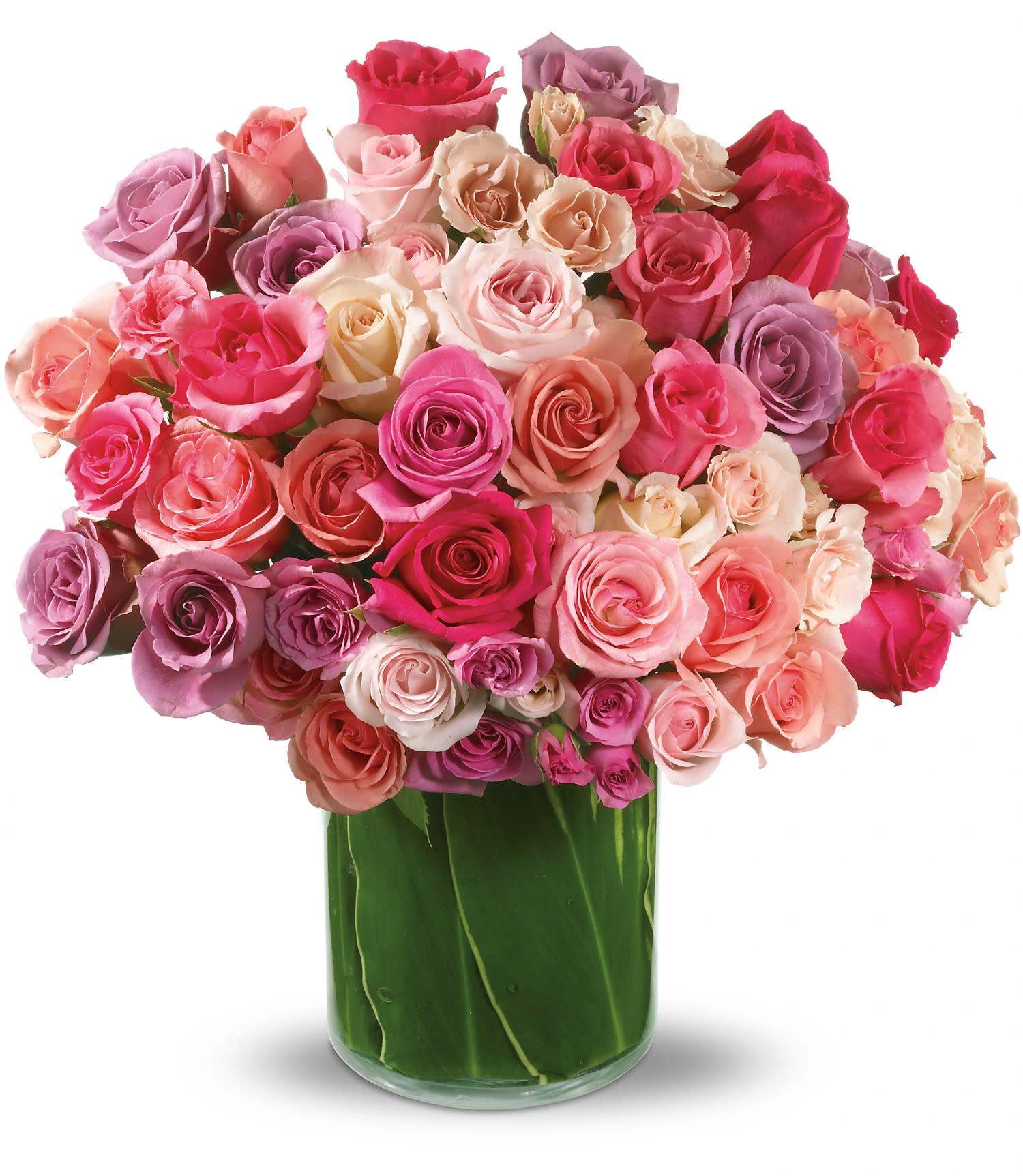 Teleflora's Rose Rapture - The lovely bouquet includes lavender roses, light pink roses, pink roses, light pink spray roses and lavender spray roses accented with assorted greenery. Approximately 17&quot; W x 17&quot; H