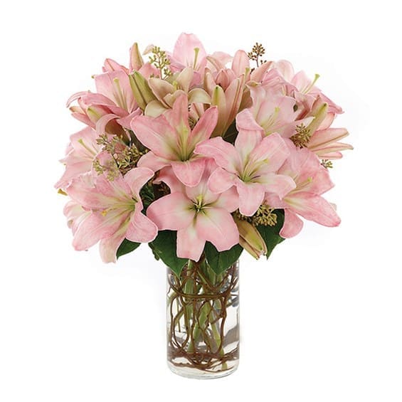 Simply Lily-Pink Simply Lily-Pink - The color pink takes a well deserved bow on center stage in this splendid and lovely lily arrangement complemented by a clear cylinder vase and curly willow accents. Measures 18"H by 14"L.