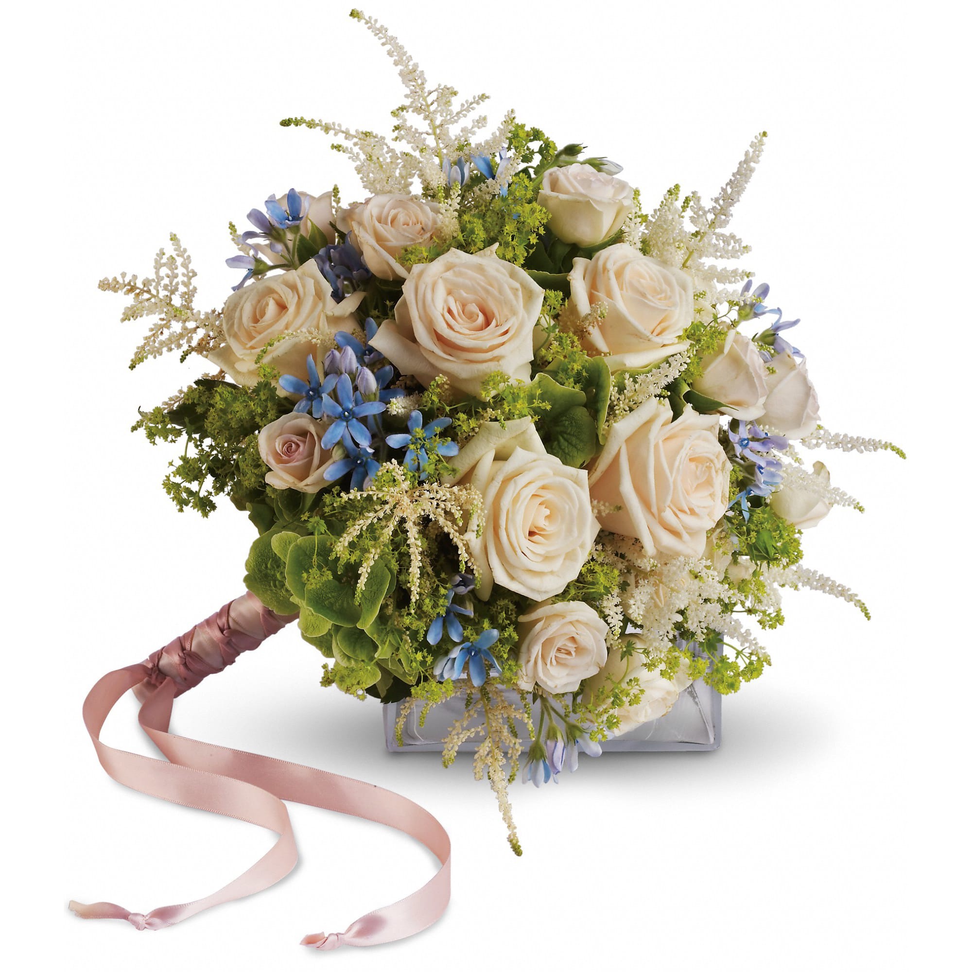 Lovely as a Rose Bouquet - Victorian romance abounds in this bouquet of creamy roses, pink astilbe, charming blue tweedia and green hydrangea.    Creamy roses, pink astilbe, blue tweedia and green hydrangea.    Approximately 12 1/2&quot; W x 12 1/2&quot; H    Orientation: N/A        As Shown : T199-1A    