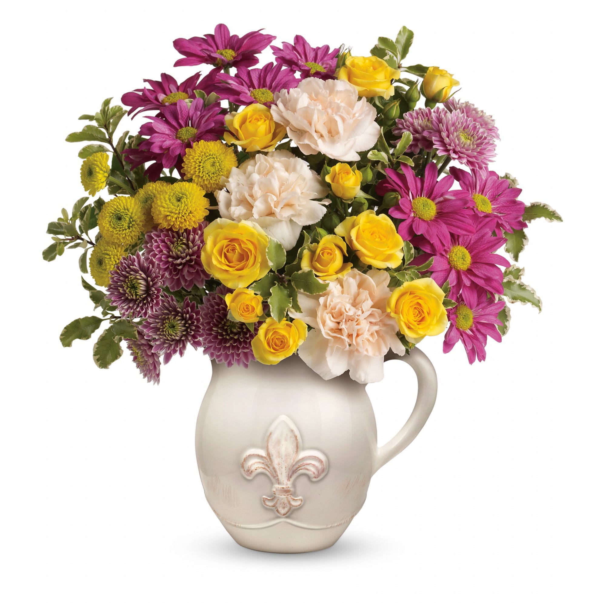 Teleflora's French Fancy Bouquet - What a colorful bouquet, and it's absolutely perfect for Grandparents Day! Yellow spray roses and peach carnations fill our eggshell-colored Fleur-de-Love Pitcher. Detailed with a fleur-de-lis motif, this exceptional keepsake is the newest addition to our French Country Collection.  