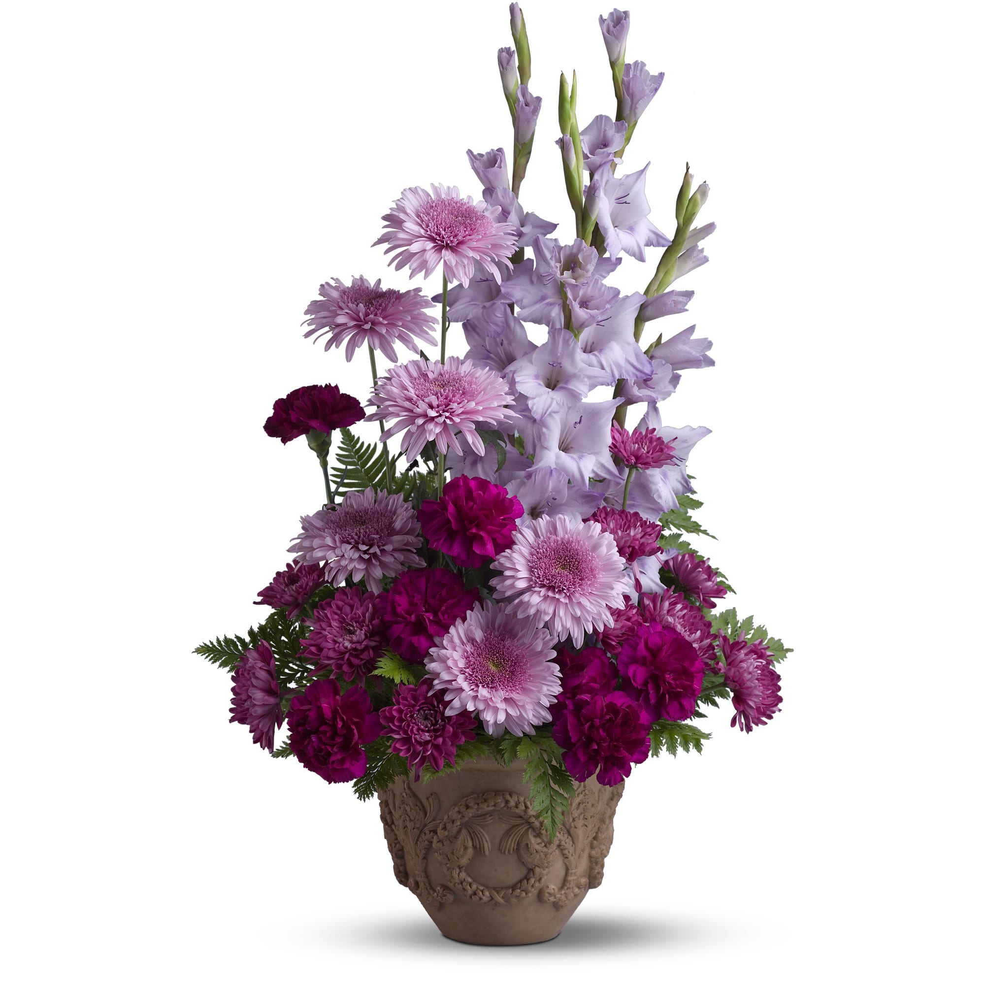 Teleflora's Heartfelt Memories - A towering display of blooms such as gladioli, carnations and chrysanthemums in royal hues of purple and lavender, presented in a Grecian-style urn, is a gracious representation of your heartfelt sentiments at a funeral, memorial service or wake.  