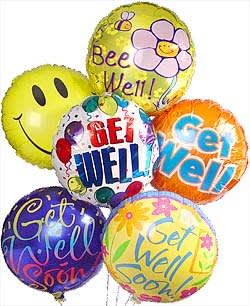 Get Well Balloon Bouquet - Bright and Cheerful Get Well balloon bouquet on a fun balloon weight.  This is sure to cheer anyone up.  