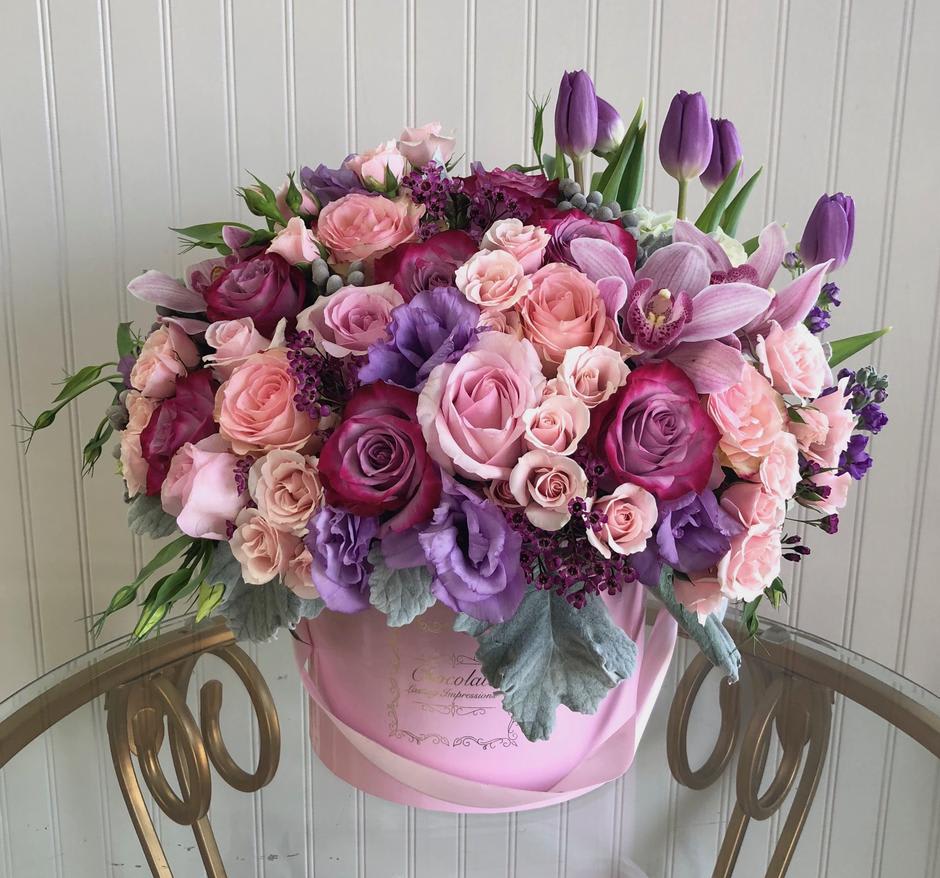 Sophia - light and dark pink and purple roses, spray roses, purple tulips,  licentious, stock and dusty miller leaves
