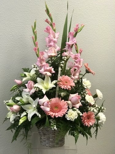 Never Forgotten Pink - Item # TLS-S103P A lovely tribute for a lady. Lush Pink Roses Lilies and Gerberas.