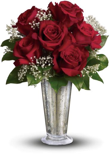 Kiss of the Rose -   Traditional elegance. A handful of classic red roses look especially stunning in a silver mercury vase accented with delicate, million star gypsophila.  Six red roses are gathered with white, million star gypsophila and rich green salal into a beautiful Mercury Glass Vase. 