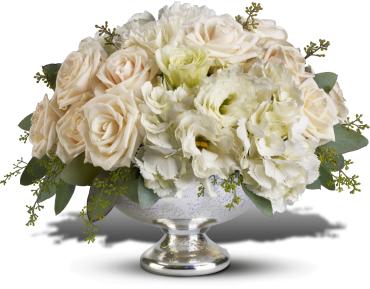 Park Avenue Centerpiece -       For an elegant wedding centerpiece that is equal parts romance and resplendence, this is a wonderful arrangement for your reception. With Park Avenue appeal and uptown excitement, a brilliant Mercury Glass Bowl full of dazzling roses, hydrangea and more is sure to be the toast of the town.  Stunning crme roses along with elegant white lisianthus and hydrangea and just the right amount of eucalyptus are beautifully arranged in a distinctive Mercury Glass Bowl. A gorgeous and ever-so-elegant wedding centerpiece, perfect for your special reception. 