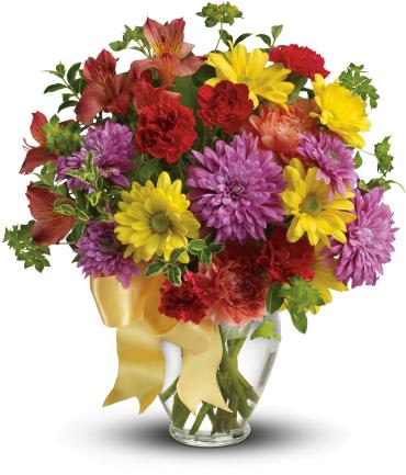 Color Me Yours Bouquet -   She is yours, and you are hers. Remind her of that simple fact with this simply sweet mix of colorful flowers that are sure to warm her heart.  Red alstroemeria, orange carnations, miniature red carnations, yellow daisies and lavender chrysanthemums are arranged with bupleurum and oregonia - with a pretty yellow ribbon tied around the vase for that extra-special touch. 