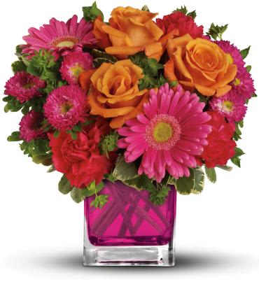 Turn Up The Pink Bouquet -   Pop goes the pink! A gorgeously chic gift for any occasion, this perky pink and orange bouquet is pure fun, especially when it's hand-delivered in our fabulous fuchsia Cube!  This brilliant bouquet of lush orange roses, hot pink gerberas, carnations and matsumoto asters are accented with bupleurum and variegated pittosporum. 