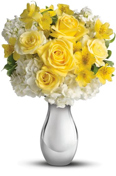 So Pretty Bouquet -   It's like sunshine and moonlight in are gloriously happy gift! Soft yellow roses, white hydrangea and other favorites showcased in a dazzling Silver Reflections vase. She'll love it - and so will her envious friends.  The sunny bouquet includes white hydrangea, light yellow roses, yellow alstroemeria and white stock accented with fresh greenery. 