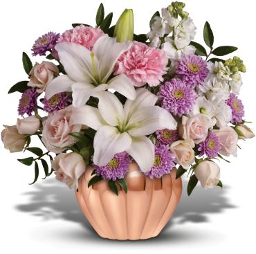 Love's Sweet Medley -   Birthday? Anniversary? Thinking of you? Whatever the occasion, here's an affordable gift that's sure to be a huge hit. Roses, lilies and other favorites in a lovely rose gold Jardiniere vase - who wouldn't love it?  The exquisite bouquet includes light pink spray roses, white lilies, pink carnations, white stock and lavender cushion spray chrysanthemums accented with fresh greenery. 
