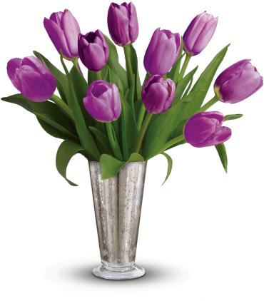 Tantalizing Tulips Bouquet -   Pure lovely. Long-stemmed purple tulips are a tantalizing treat in our shimmering mercury glass vase. This bouquet is a timeless symbol of your singular love.  Includes ten purple tulips. 