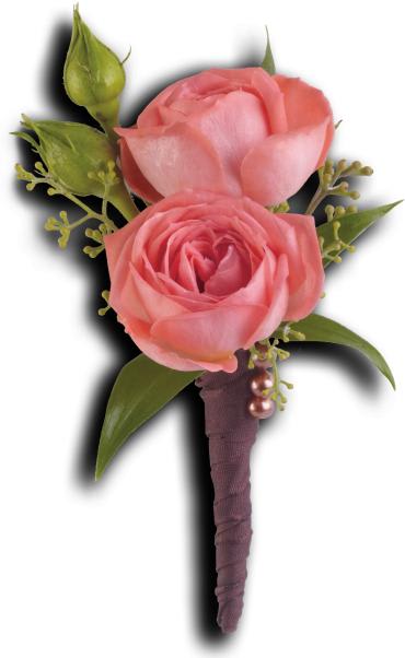 Rose Simplicity Boutonniere -   A single coral rose is elegant and understated.  Coral roses, seeded eucalyptus and Italian ruscus bundled in a brown satin ribbon. 