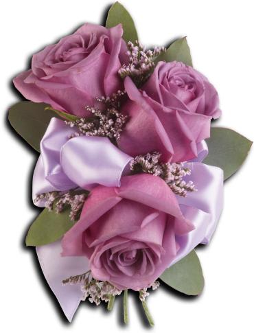 Soft Lavender Corsage -   Fall in love with these soft lavender roses.  Lavender roses, pink limonium and seeded eucalyptus. 