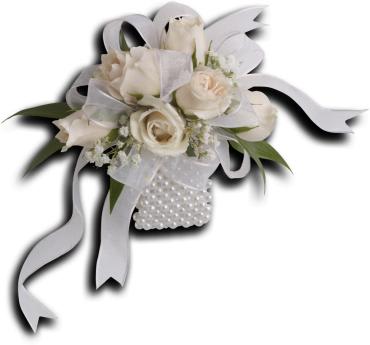 White Whisper Wristlet -   Classic white roses are artfully arranged on an elegant faux pearl cuff.  Crme spray roses, gypsophila and Italian ruscus on a faux pearl cuff. 