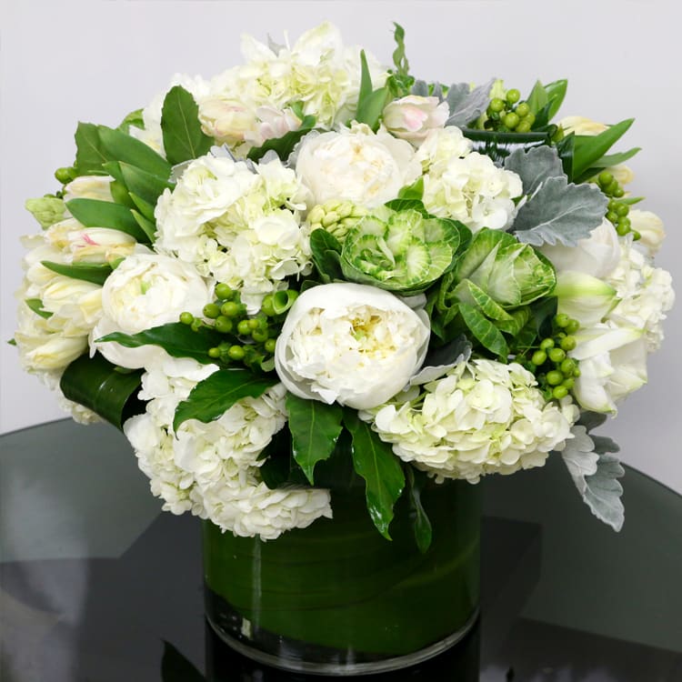 White and Green Chic vase - White and Green Vase with Peonies, Tulips, Green Kale, Hypericum and white Hydrangeas.