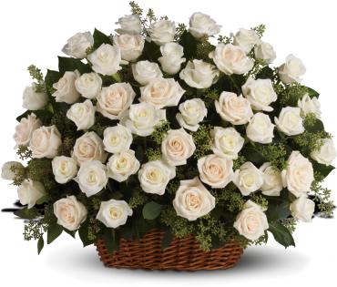 Bountiful Rose Basket -   The everlasting beauty of a traditional English garden is evoked with this bountiful basket of radiant white and crme roses. Fresh and peaceful, this lovely arrangement will console and uplift, at home or at the service.  White and crme roses, presented with fragrant seeded eucalyptus in a large, rectangular basket. 