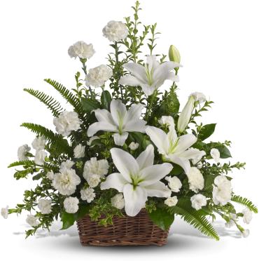Peaceful White Lilies Basket -   As peaceful and beautiful as a starry night, this pure white funeral bouquet is a touching way to remember a truly special person. Send this classic arrangement to comfort the newly bereaved at the funeral.  Fresh white oriental lilies and carnations are mixed with rich greens such as salal and oregonia in a natural basket. 