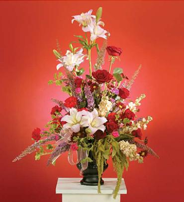 Red and Pink Arrangement with Lilies -  Lilies, Roses, Carnations, Stock, Pompons, Amarathus and Heather 