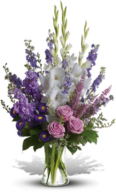 Joyful Memory -   Lavender and white sympathy flowers make a grand statement in this joyful bouquet. Cherish your memories with this lasting remembrance of lavender larkspur and roses, deep purple asters, pure white gladioli and the softest pink heather.  Beautiful fresh flowers such as lavender larkspur, stock and roses, plus purple asters, white gladioli and pink heather. 