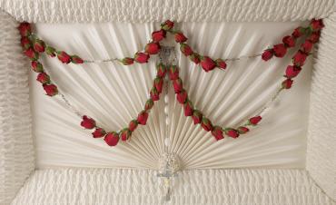 Divine Grace 50-Bead Rosary -   This stunning 50-bead rosary graced with red spray roses and placed inside the coffin is a beautiful and very personal tribute for the Catholic service. 