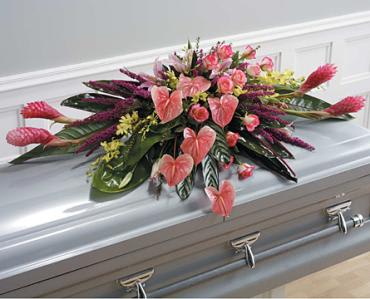 Tropical Casket Spray - Pink Ginger, Pink Anthurium, Duo Unique Roses, Charteuse Dendrobium Orchids, Heather 