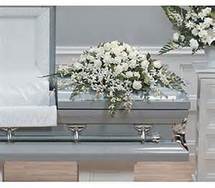 ALL WHITE CASKET SPRAY - SEASONAL FLOWERS, SUCH AS, ROSES, SNAPS LILIES AND MORE. CASCADING DISPLAY OF LOVE AND SYMPATHY. A PEACEFUL WAY TO REMEMBER.