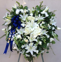YOU'LL BE SORELY MISSED HEART - SEND YOUR SPECIAL THOUGHTS AND PRAYERS WITH THIS HEART OF LOVE.  LARGE ALL WHITE TONES OF ROSES, CUSHIONS, LILIES, SNAPDRAGONS AND MORE. DISPLAYED ON A FIVE FOOT EASEL WITH A BANNER INCLUDED- TO DISPLAY YOUR SPECIAL BLESSINGS. 