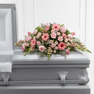 Heavenly Casket Spray - Pay your respects with a divine mix of pink and white blossoms combined with greenery in this classic casket spray. A lovely way to express hope and sympathy.