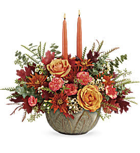 Teleflora's Artisanal Autumn Centerpiece - Two fall favorites in one gorgeous gift! This glorious autumnal rose bouquet with glowing tapers, arranged in a hand-glazed stoneware serving bowl, brings artisanal beauty to any fall celebration.