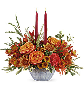 Teleflora's Bountiful Blessings Centerpiece - A bounty of warm wishes for a happy fall! This lush autumnal rose centerpiece is arranged in a stunning, oven-to-table ceramic serving bowl with gorgeous artisanal glaze in steel blue hues--a gift they'll enjoy for many years to come!