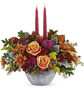Teleflora's Harvest Jewels Centerpiece - A bounty of warm wishes for a happy fall! This lush autumnal rose centerpiece is arranged in a stunning, oven-to-table ceramic serving bowl with gorgeous artisanal glaze in steel blue hues--a gift they'll enjoy for many years to come!