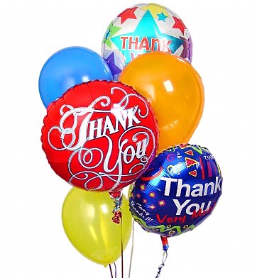 thank you thank you - When you want your gift to make a big impression, give them this fun Balloon Bouquet. The bouquet arrives with 2 mylar balloons surrounded by 6 latex balloons and tied together with a ribbon. The Thank you mylar balloon designs will vary. Your purchase includes a complimentary personalized gift message. Thank you Balloon Bouquet Floral Expression By Sandra Substitution Policy In some instances, the florists photo may represent an overall theme or look and include a one-of-a-kind vase which cannot be exactly replicated. Although the actual bouquet may not precisely match the photo, its temperament will. Occasionally, substitutions of flowers or containers happen due to weather, seasonality and market conditions which may affect availability. If this is the case with the gift you've selected, the local florist will ensure that the style, theme and color scheme of your arrangement is preserved and will only substitute items of equal or higher value.