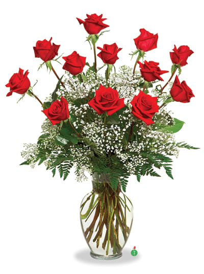 A Dozen Deluxe Roses - For the perfect, traditional Valentine’s Day bouquet – or for a birthday, anniversary or other special day – this bouquet of a dozen red roses adorned with a classic mix of white baby’s breath and ferns is a classic gift of love. Send it today, and she’ll love you forever. Available in many colors.