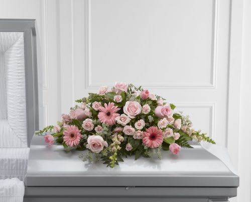 Sweet Tribute Casket Spray Sweet Tribute Casket Spray - All Pink Gerbera Daisies, Snap Dragons and Roses. About 30" Long