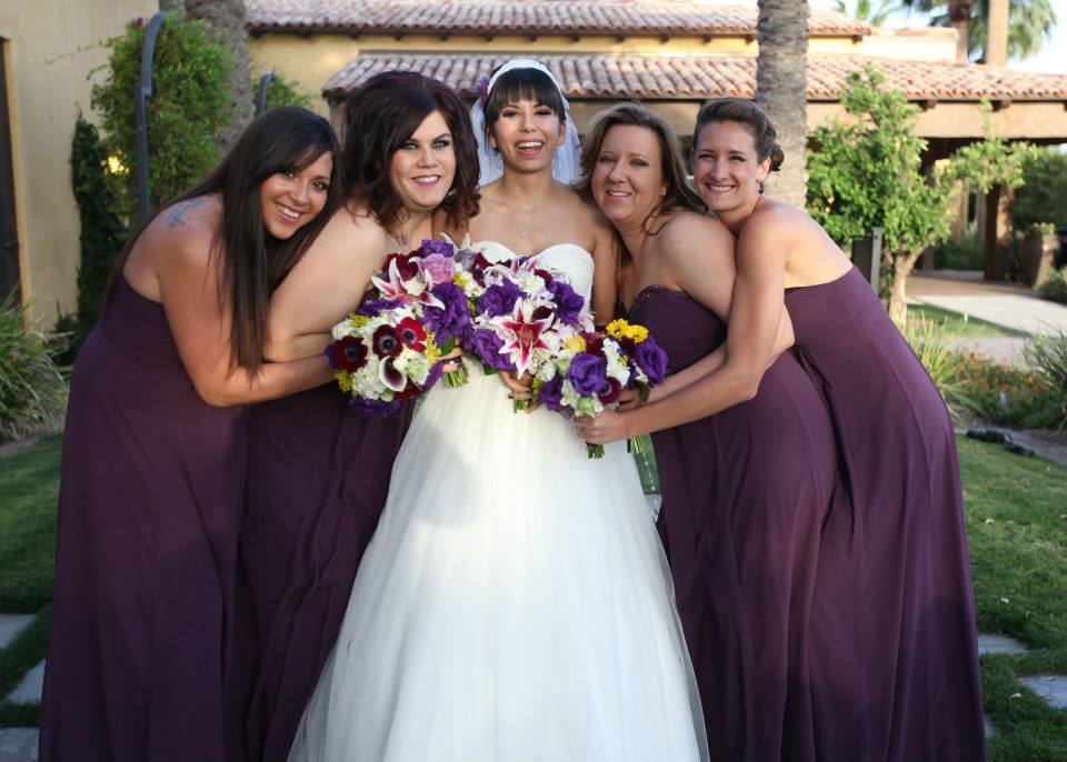 Laceys Wedding Party - Star Gazer Lilies, Purple Lisianthus, Roses in a hand tied bouquet