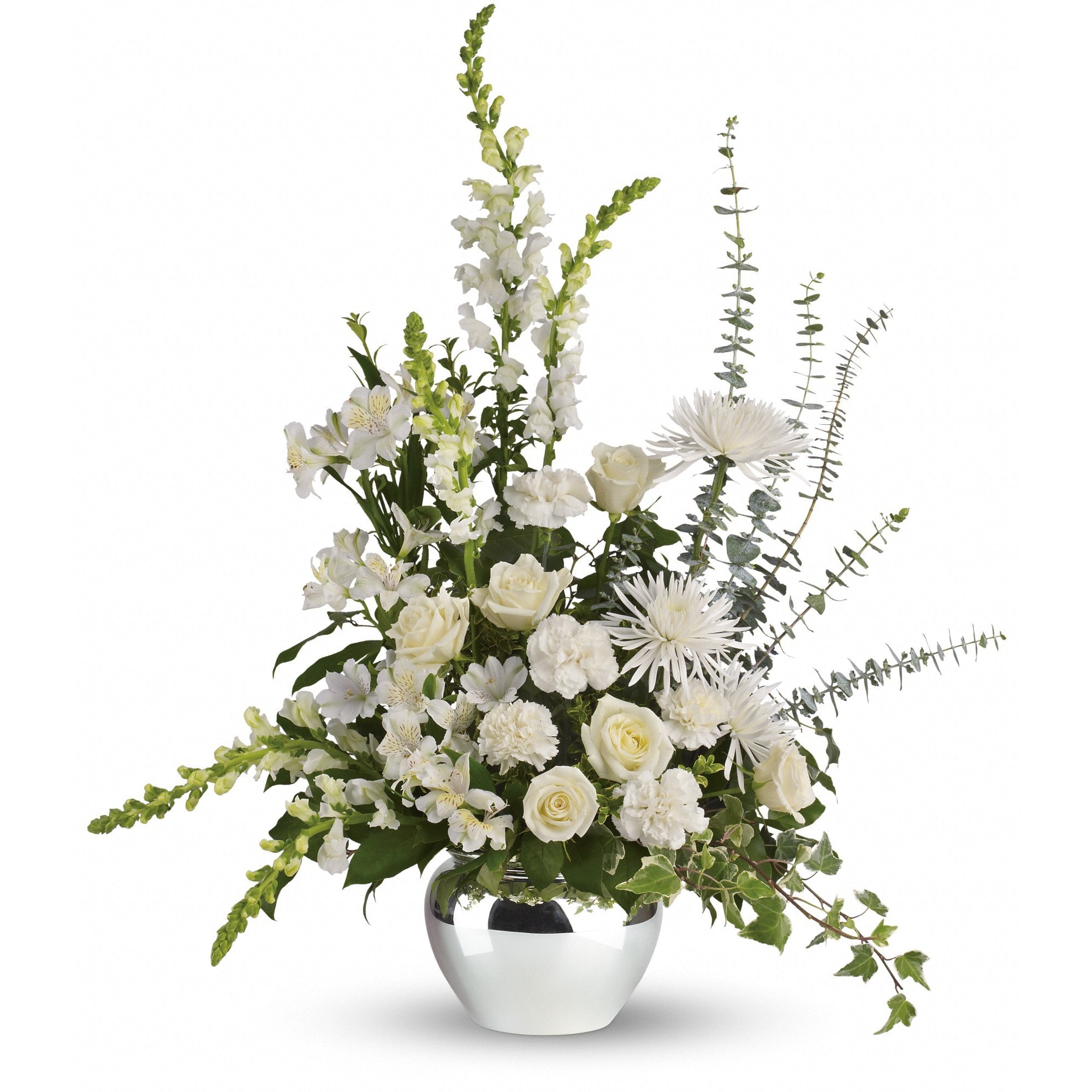 Serene Reflections Bouquet by Teleflora - An elegant expression of caring, this beautiful bouquet of white roses and other favorites in a silver jardiniere vase will be a lovely addition to the service.  